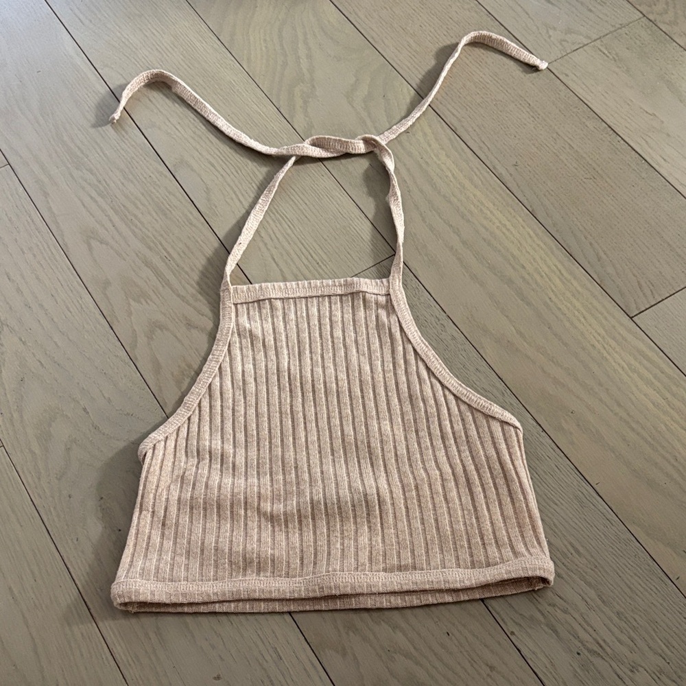 Ribbed Halter Crop Top in Beige